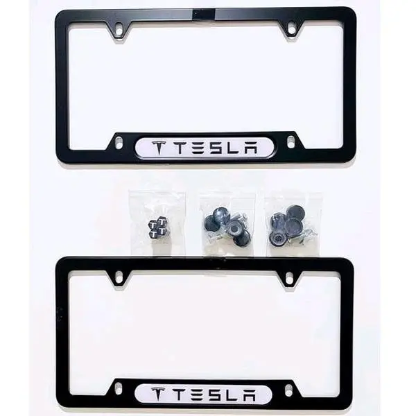 2 PK Tesla Metal License Plate Frames With 3D Epoxy Logo + 4 Black Metal Tire Valve Stem Cap Covers