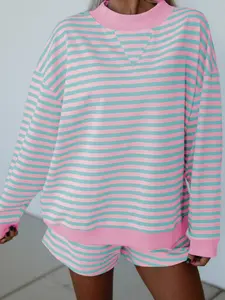 Women's 2-Piece Striped Outfits - Casual Long-Sleeve Crewneck Sweatshirt & Elastic-Waist Shorts Matching Lounge Set