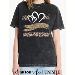 Fashion Casual Women's Leopard Print Tee – Washed Fabric, Crew Neck, Short Sleeves for Everyday