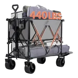 Double Decker Folding Wagon with 54 Inch Extender, 440 lbs Heavy Duty Utility Cart with Brakes, 400L Large Capacity Collapsible Garden Wagon, All-Terrain 7 Inch Wheels for Beach Camping