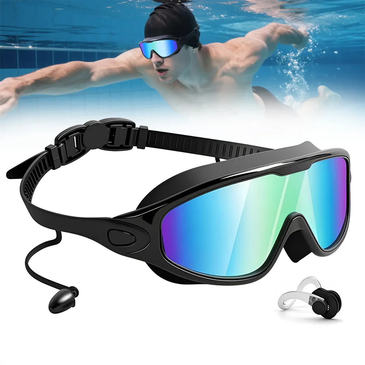 Swim Goggles, Polarized Swimming Goggles Professional Anti-Fog UV Protection Wide View Silicone for Adult Men Women