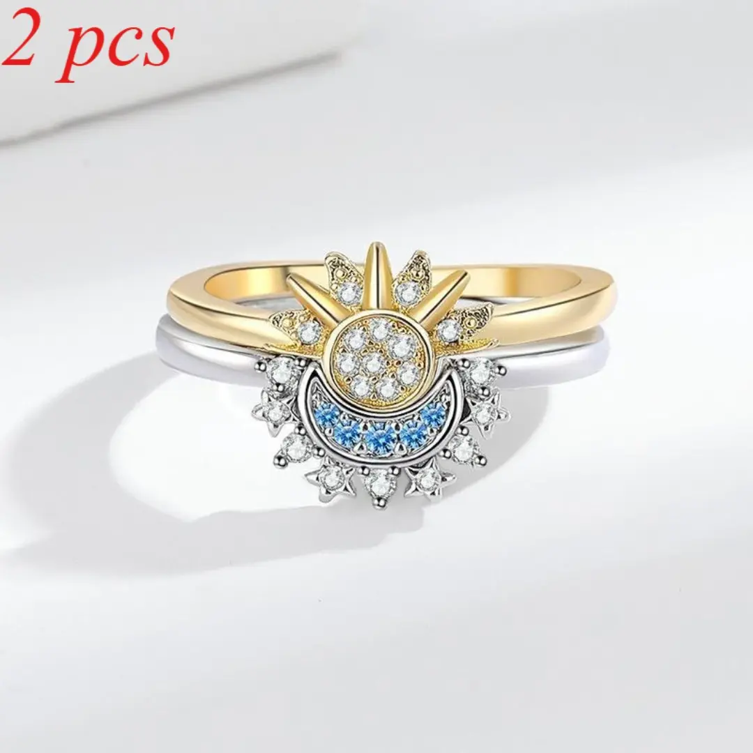 Elegant Sun & Moon Ring Stack, 2-Pcs Alternative Style Adjustable Rings, Gift-Boxed Meaningful Gifts for Best Friends or Couples, Multi-Sized Rings