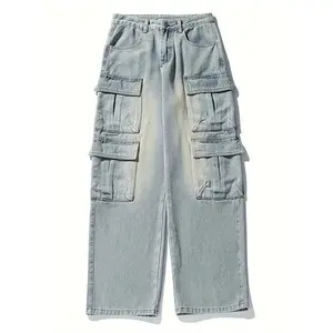 Men's Cargo Denim Jeans Multi Pockets Loose Fit Casual Pants