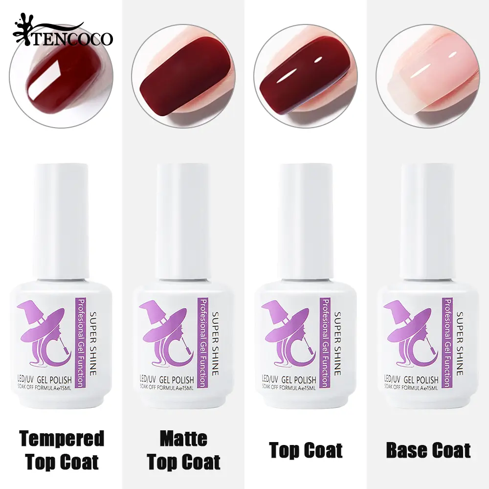 Tencoco 4Pcs Nail Base&Top Coat Set - Diamond /Matte Top Coat DIY Gel Plish Nail Art