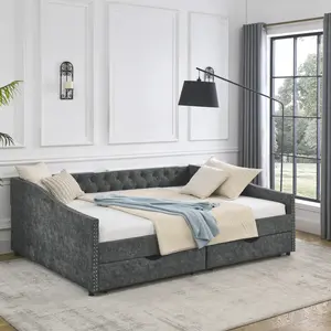 ARCH Queen Size Daybed with Drawers Upholstered Tufted Sofa Bed,,with Button on Back and Copper Nail on Waved Shape Arms, Grey (84.5"x63.5"x26.5")