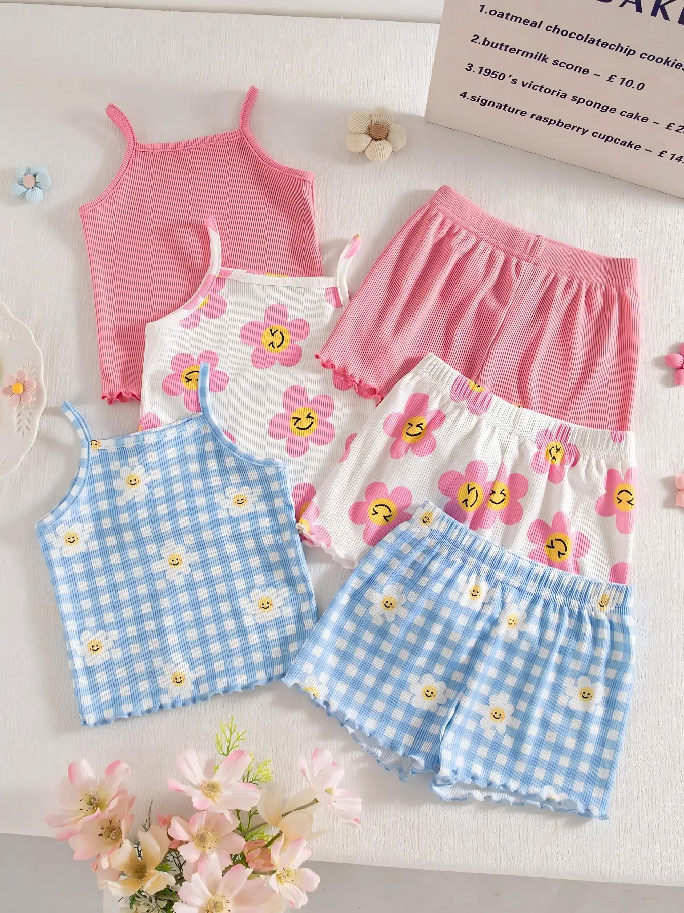 6-Piece Set Baby Girl Cute Floral Tank Top Wooden Trim Shorts Set, Blue Plaid + Smiley Flower + Sweet, Summer Home Wear Outdoor Play