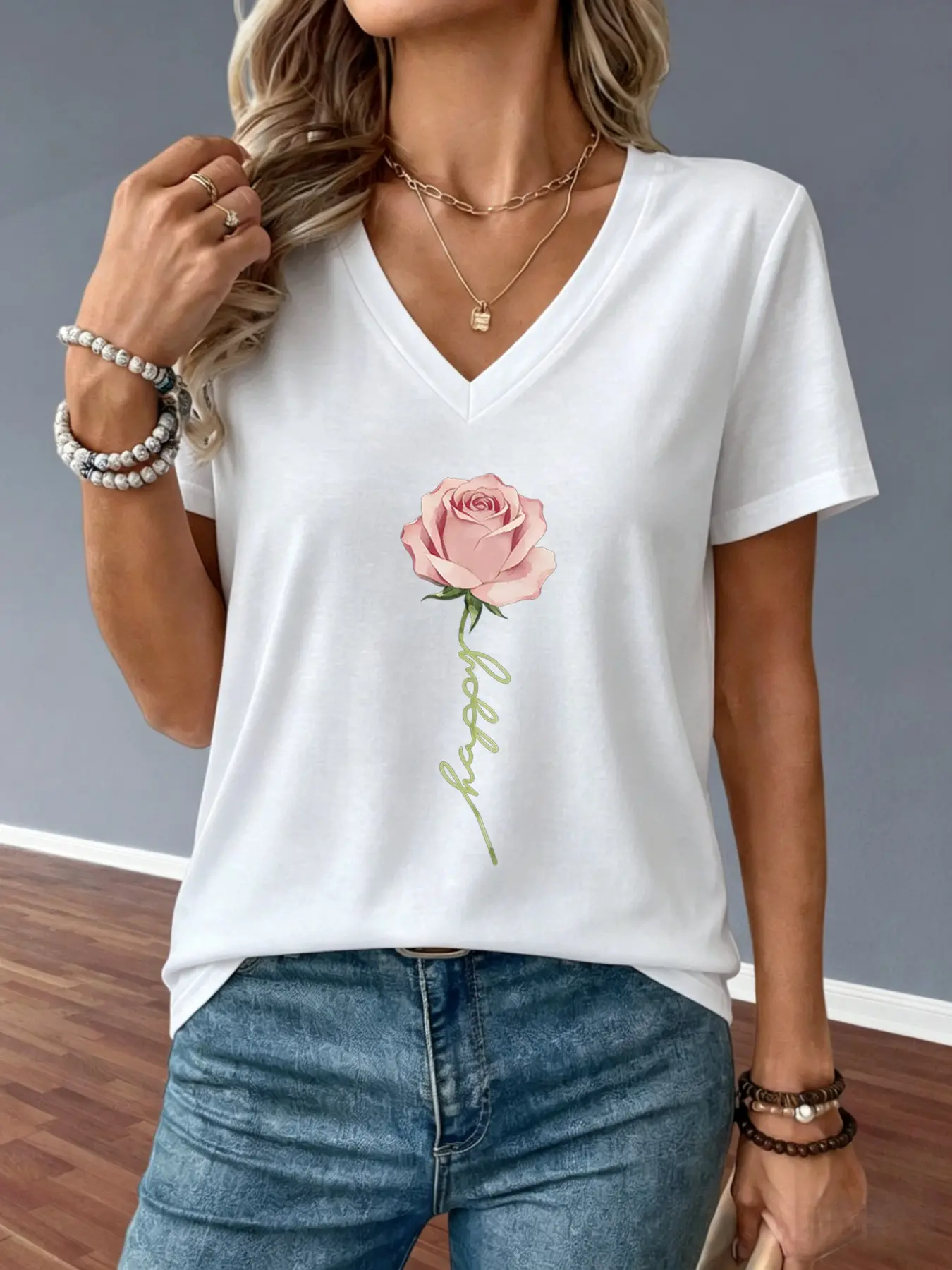 New Women's Summer V Neck Short Sleeve T-Shirt Fit, Rose Flower Print, Casual Fashion Top, All Seasons Wear, Clothes