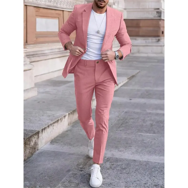 Men's Solid Color Blazer & Pants Two-piece Set, Slim Business Formal Suit Set for Work Office, Men's Spring & Fall Clothes, Menswear, Workwear, Formal Attire, Casual Suit, Solid Color Suit, Formal Slim Fit