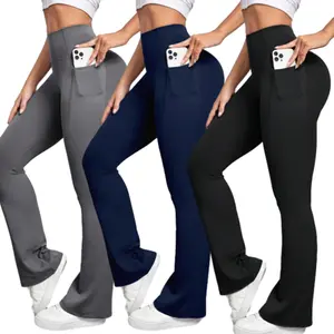 Women's High-Waisted Yoga Flared Leggings with Pockets - Solid Color, Machine Washable, All-Season Workout & Casual Pants for Running, Lounge, Gym