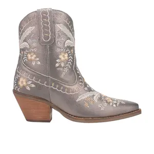 Dingo Womens Primrose Floral Embroidered Metallic Pull On Snip Toe  Casual Boots Ankle Mid Heel 2-3" - Grey