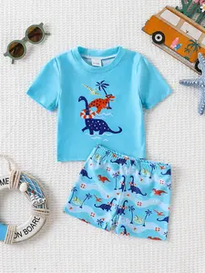 2 Piece Boys' Toddler Dinosaur Print Swimsuit Set, Soft High Stretch Quick-Dry, Beach Pool Surfing Vacation Swimwear Shorts, Short Sleeve Sporty Style, Summer Swimsuit, Printed Swimsuit
