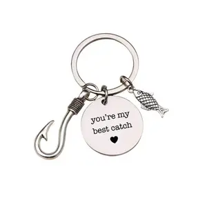 3x3cm Fishing Hook Shape Keychain with Fabric Lanyard & Fish Charm, Cool, Stylish, Trendy Cute, Unique Fishing Theme Fashion Accessory for Him, Cool Keychains, Stylish Keychain