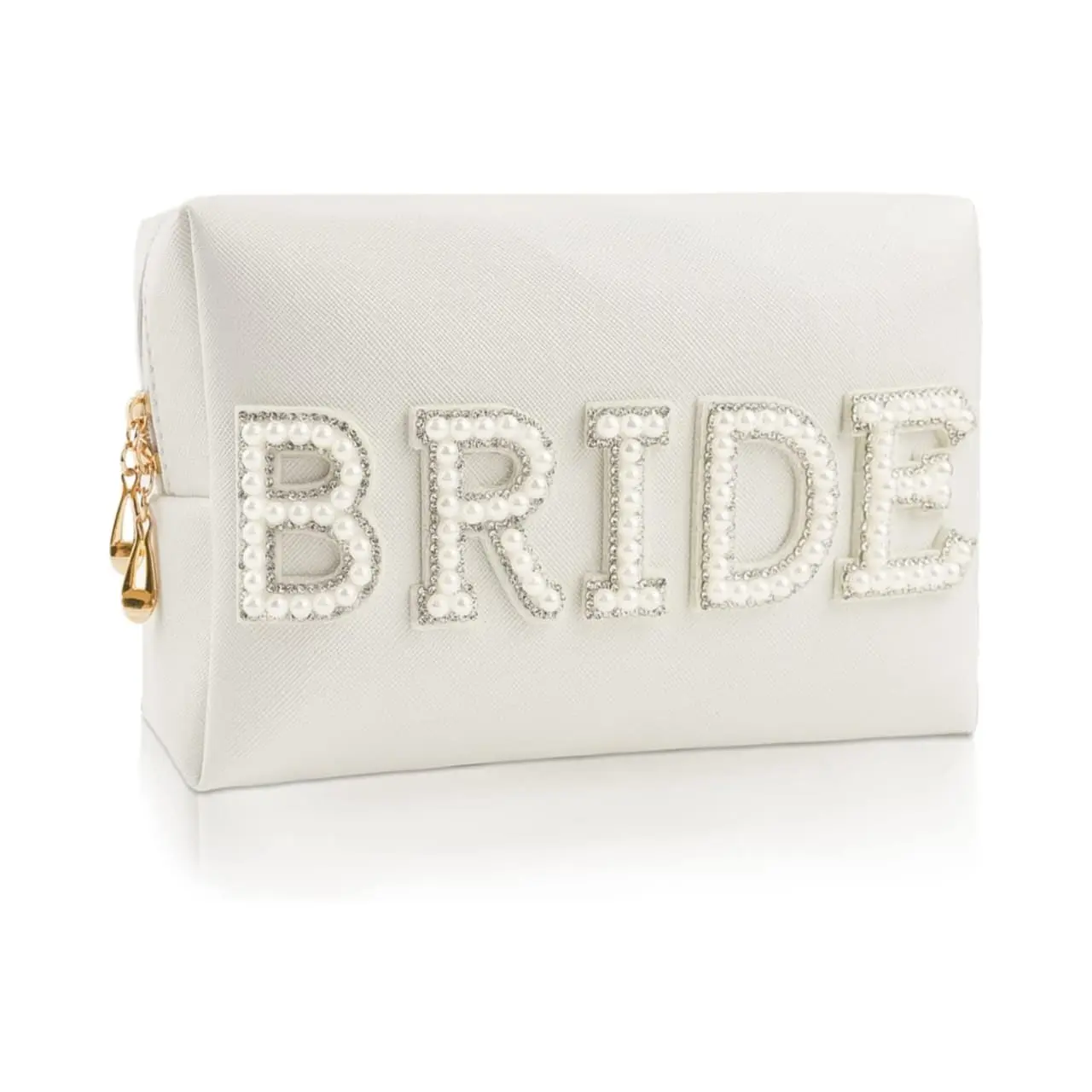 Women's Pearl Rhinestone Bride Patch Letter Makeup Bag, Bridesmaid Engagement Wedding Bridal Shower Gift, Travel Toiletry Pouch for Purse