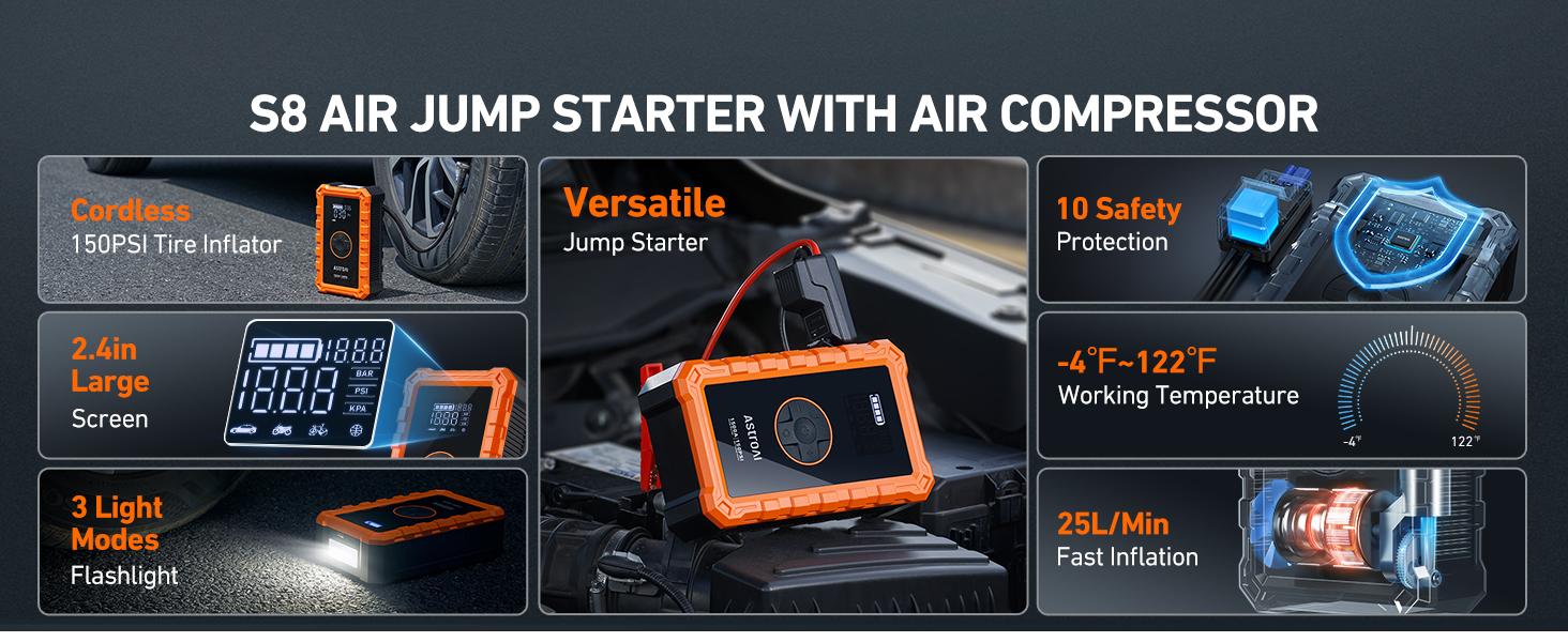 AstroAI S8 Air 7 in 1 10000mAh Battery Capacity Car Battery Jump Starter  with 150PSI Air Compressor, 12V Battery Charger, Compact Design