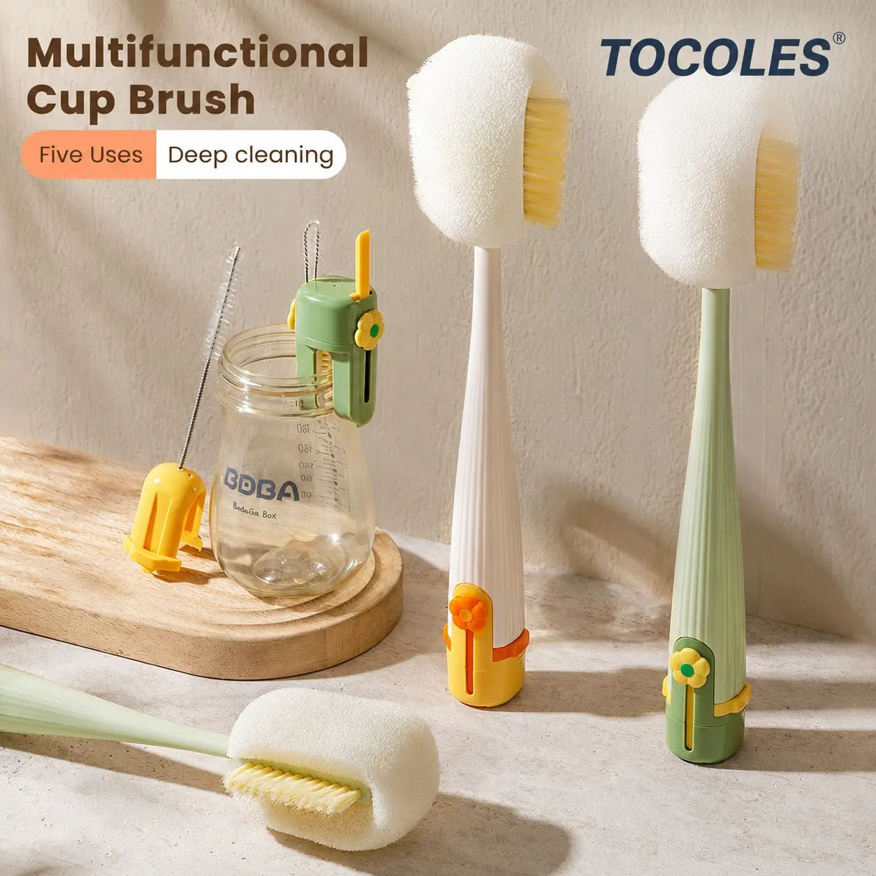 5-in-1 Bottle & Straw Cleaning Brush – Multifunctional Tool for Bottles, Cups, Straws (Cream White/Jasmine Green)-suhui