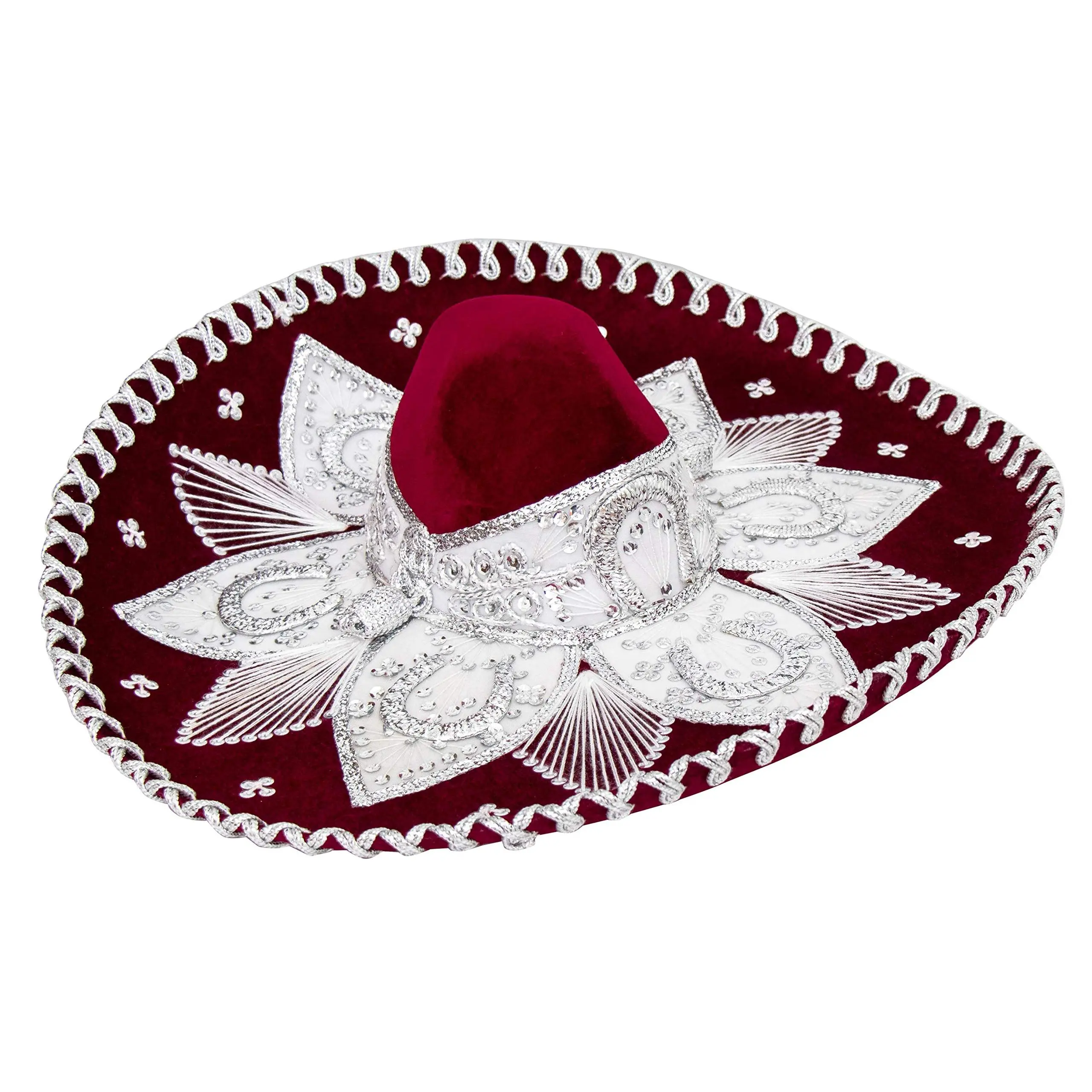 FESTMEX Adult Mexican Sombrero Mariachi Charro Hat for Costume Parties, Burgundy and White