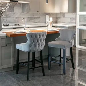 Contemporary Velvet Upholstered Wing-Back Barstools with Button Tufted Decoration and Wooden Legs, and Chrome Nailhead Trim, Leisure Style Bar Chairs,Bar stools, Set of 2