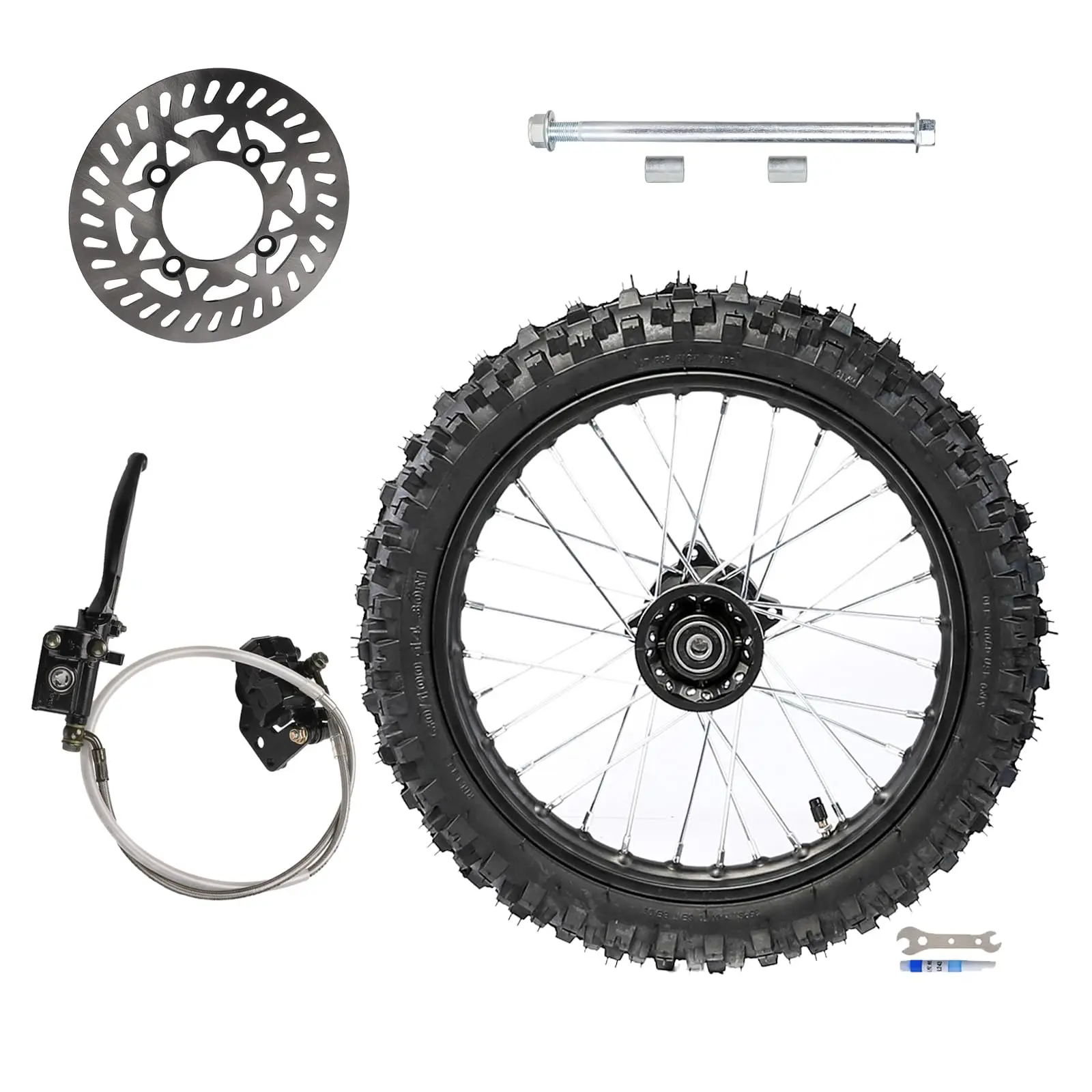 Front 14" 60/100-14 Tire Rim Wheel Kit with 12mm Axle Bearing, Disc Brake Rotor, Brake Caliper Cylinder Assembly for Trail Dirt Pit Bike Apollo SSR CRF Off road Motorcycle 50cc 70cc 110cc 125cc 140cc