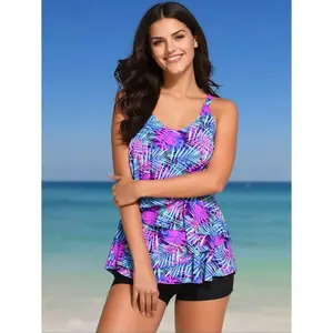 Women's Plus Size 2-Piece Tankini Swimsuit Set - V-Neck Nylon Blend High-Waisted Quick Drying Tummy Control Full Coverage Modest Random Print Swimwear for Pool/Beach Lounging - Sizes 12-22,summervibes