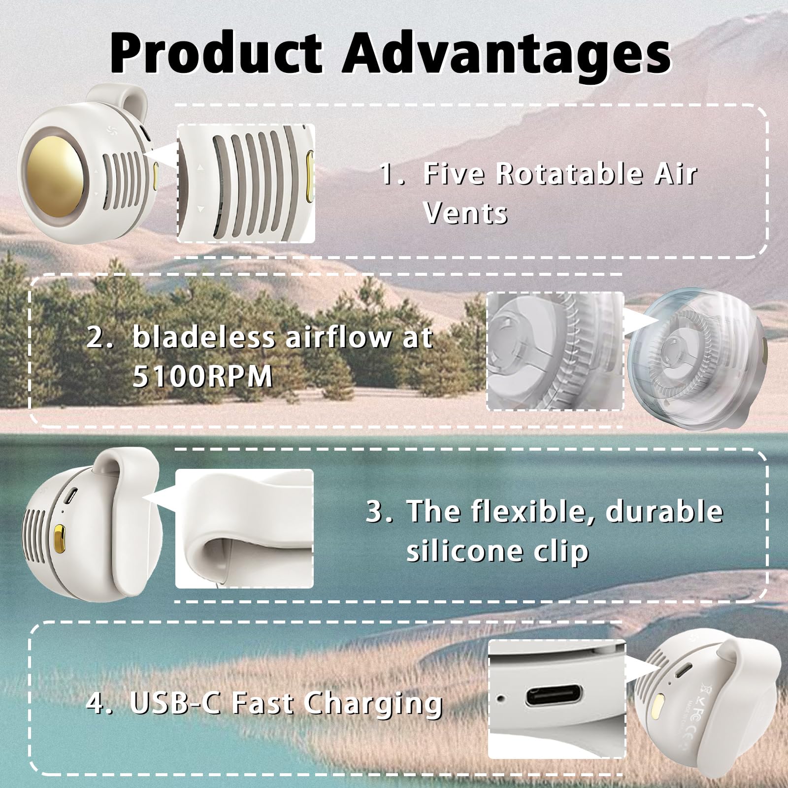 2026 Portable Clip On Bladeless Mini Fan, Silent Hands Free Personal Fan, 3 Speed Adjustable USB Cooling Fan for Outdoor Travel Office Sports, Summer Travel Accessories & Gift (White)