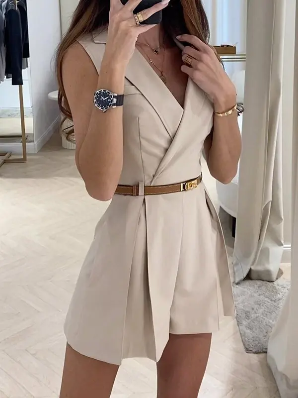 ChicCurve Women's Belted Blazer Romper – Sleeveless Notched Lapel Wrap Front, Pleated Shorts Tailored One Piece for Work & Office