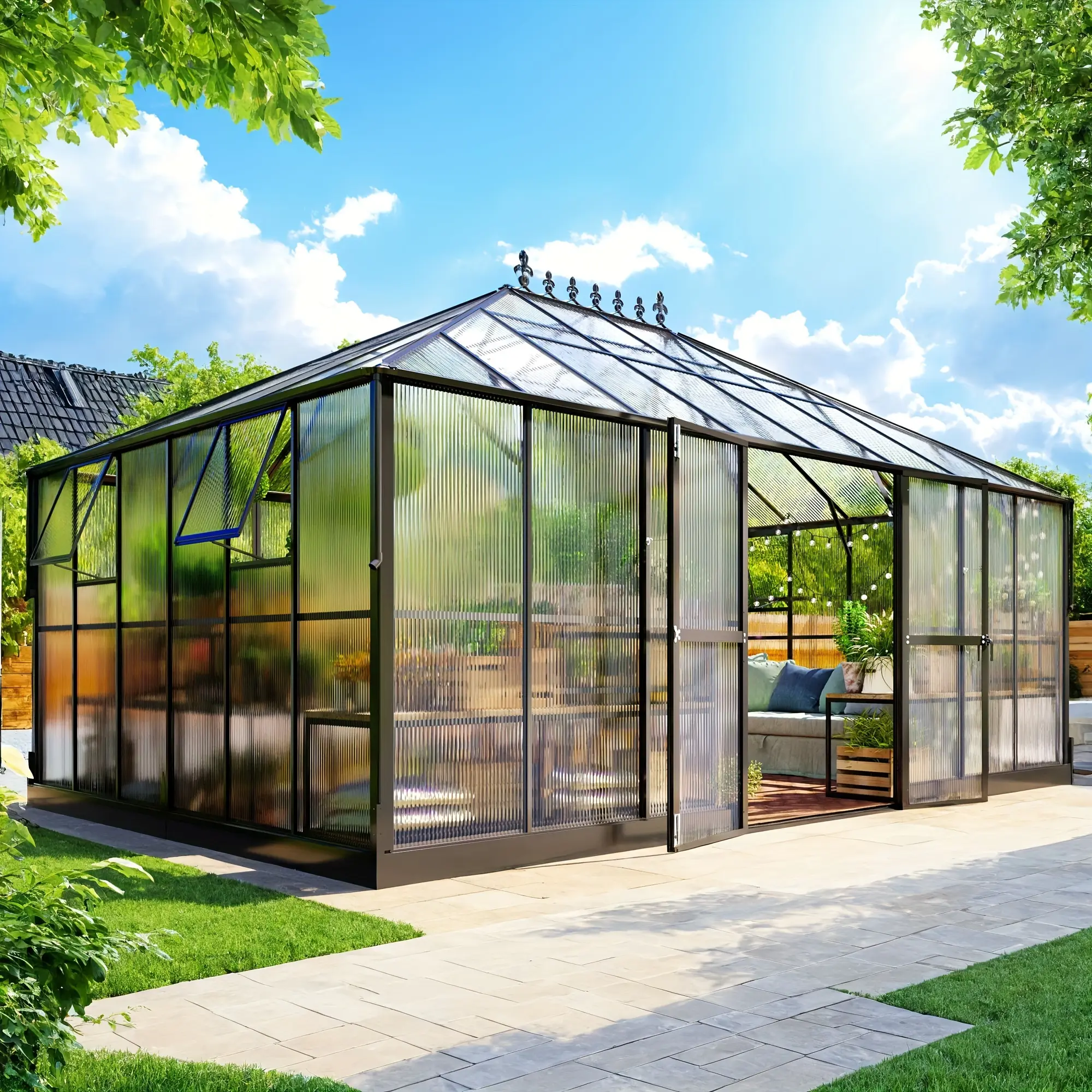 Spacious 16x12x9.5ft Aluminum Greenhouse with 6ft Wall Height, Dual Vent Windows, Rain Gutter, And Double Doors for Backyard Garden Use