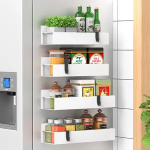 Magnetic Spice Rack with Movable Hooks for Refrigerator, Magnetic Shelves Storage Seasoning Organizer for Fridge, White