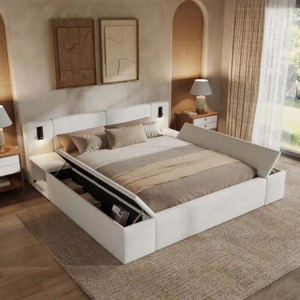Bellemave Modern Bouclé Fluffy Cloud Queen Bed Frame - White Teddy Fleece Upholstered Sturdy Platform Bed, Built-in Nightstands, LED Bedframe Reading Lights, Massive Hidden Storage, Wood Slats, No Box Spring Needed