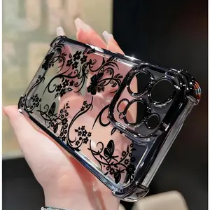 Elegant Floral Vines Pattern Four Corner Anti-Fall Phone Case Transparent Electroplated Protective Cover for iPhone  17 16 Pro Max 15 Plus 14 13 12 11 E ,Exquisite gifts for girlfriend & boyfriend