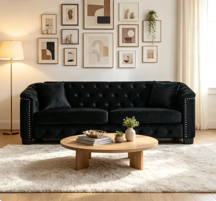 Modern 3-Seater Chesterfield Velvet Sofa - Tufted Backrest, Nailhead Arms, 2 Cushions, Living Room Furniture, Apartment Couch + Laundry Storage Cabinet Organizer, Modern Couch, Sofas Living Room, Sofas For Living Room