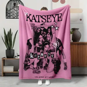 KATSEYE punk patchwork velvet throw blanket - black and white patchwork with "beautiful punk" and ribbon designs, wall hanging tapestry, room decoration, perfect for sofa, bed, office, avant-garde fan gift