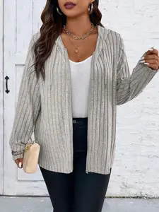 Plus Plain Drawstring Zipper Hooded Coat, Casual Style Fitted Long Sleeve Outerwear For Spring & Fall, Women's Clothes For Daily Wear