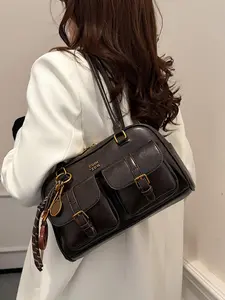 Women's Retro Solid Color Large Capacity PU Leather Shoulder Bag, Trendy Versatile Daily Commuting Bag with Detachable Accessory Charm