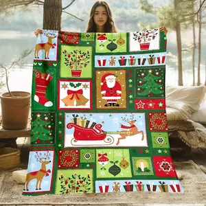 1pc Extra Large Christmas Patchwork Blanket - Heavyweight 280GSM Flannel Throw with Santa, Reindeer, Snowmen, Presents - All-Season Soft Warmth for Couch, Bed, Travel, Camping - Large Holiday Decorations - Perfect Christmas Halloween Present 661