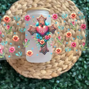 Praise God UVDTF Cup Wrap with Floral Cross Design and Gold Lid for Religious Gifts