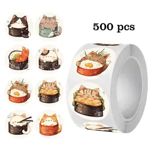 500pcs Cartoon Cat Vinyl Stickers Roll, 1 Inch Adhesive Vinyl Decal Labels for Teachers, Parents, Classroom, School, Work, Learning, Training, Back-To-School Decorations