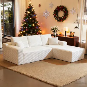 HKUVUKH 104" Boneless Sectional Cloud Couch with L-Shape Chaise，White Corduroy Couch – Modern Modular Sofa, Deep Seat Comfort, No Assembly Required, Sectional Couches for Living Room Apartment