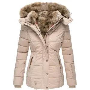 2025 Winter Warm Collar Cotton Coat Womens Zipper Long Sleeve Slim Fit Hooded Cotton Coat