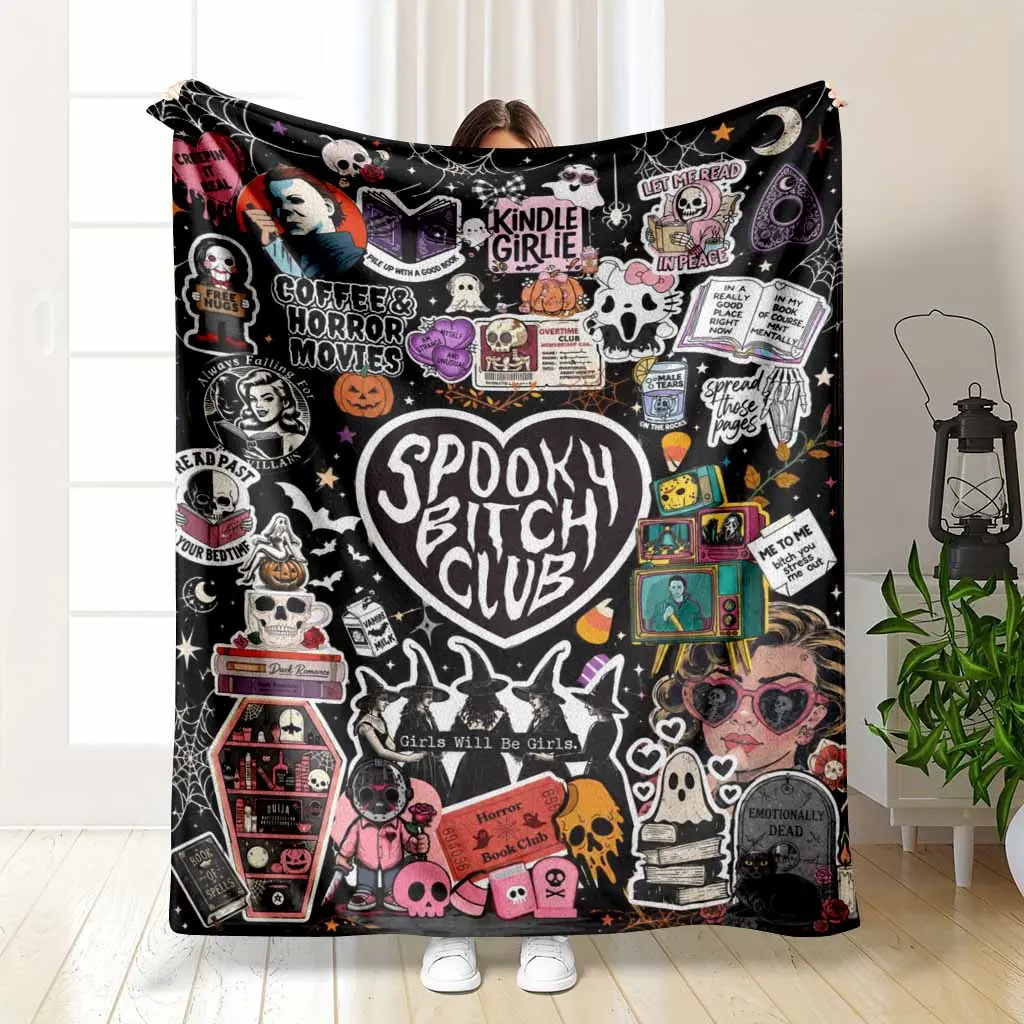Gothic Aesthetic Flannel Blanket Horror Movie Theme Print Soft Lightweight Plush Throw Bedding For Bedroom Living Room Couch Sofa Warm Winter Decor Gift For Book Lovers Readers Spooky Halloween Party Vibes