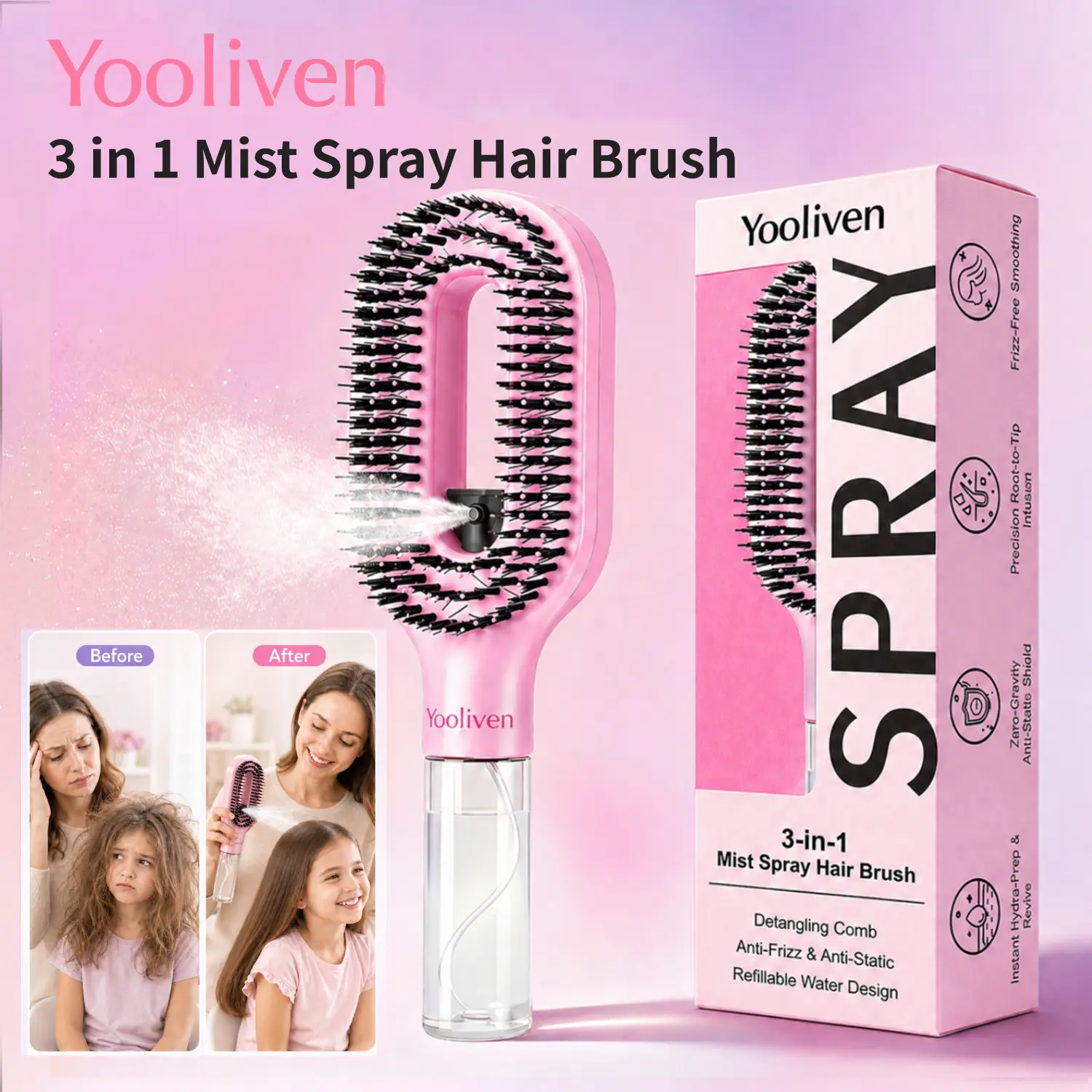 SummerFinds Yooliven 3-in-1 Mist Spray Hair Brush - Anti-Frizz Ionic Detangling Comb with Refillable 55ml Water Tank, Dual Bristle Design，with Massage Tips for Dry, Curly & Thick Hair, Effortlessly untangle knotted hair ZY tiktokshopbacktoschool