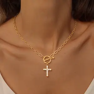 Tewiky Gold Cross Pendant Necklace for Women, Toggle Clasp Rectangle Cross Charm Necklace, Dainty Paperclip Chain Religious Jewelry Gift for Christian Faith, Baptism, First Communion