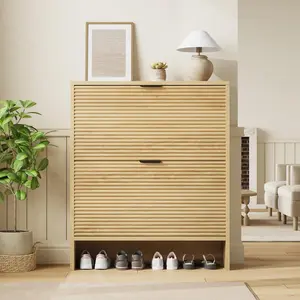 Shoe Storage Cabinet for Entryway, Fluted Shoe Cabinet with 2 Flip Drawers Doors, 31.5" Wide Hidden Shoe Rack Tall Freestanding Shoe Organizer for Entrance, Hallway, Living Room, Natural