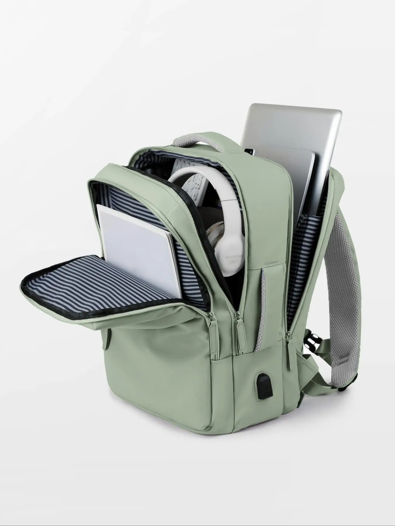 Women's Fashionable Solid Color Backpack, Large Capacity Multi-compartment Backpack with Usb Port, Casual Commuting Bag for Daily Used