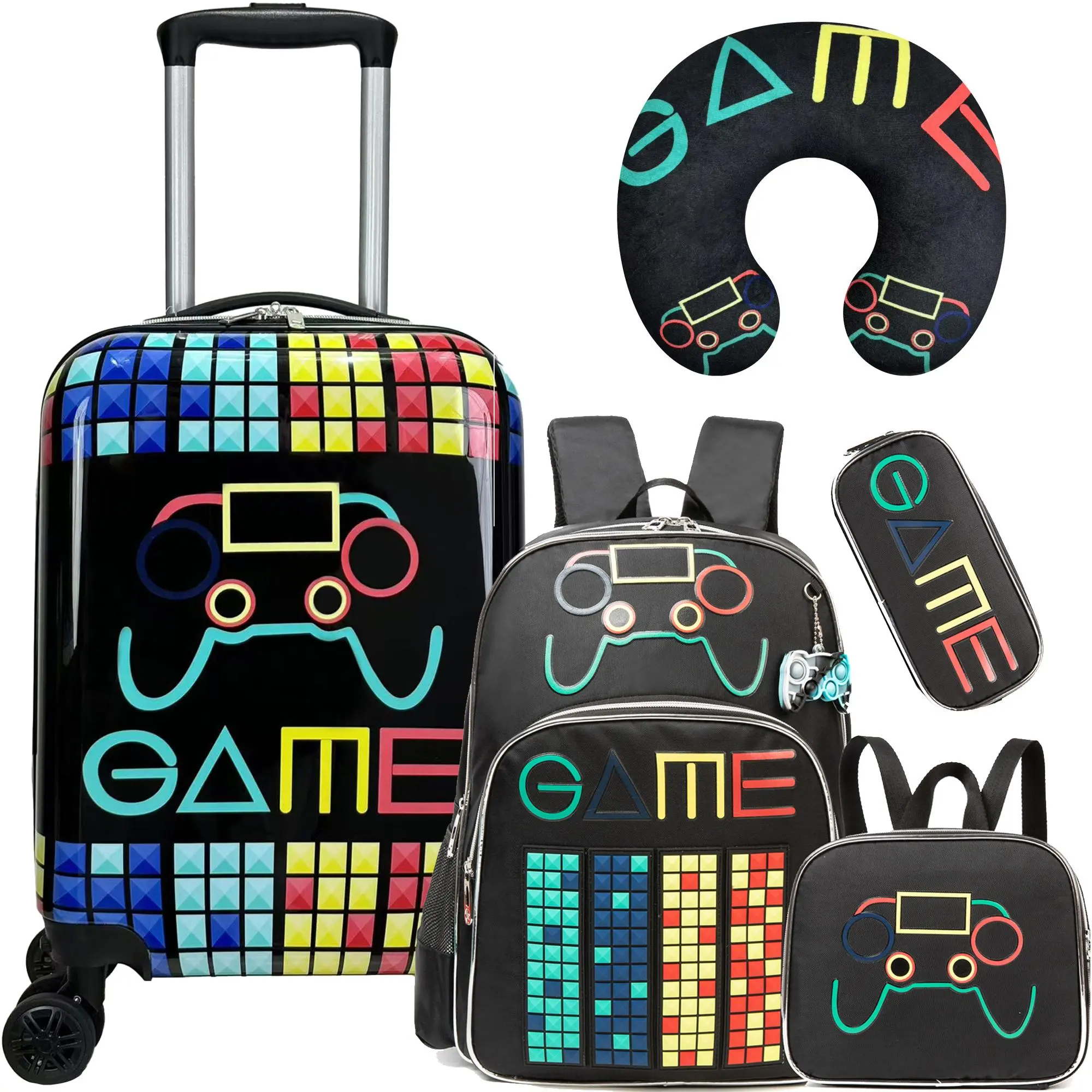 Boys' 5-Piece Gamer Hard Shell Luggage Set - ABS Shell, Expandable Size, 4-Wheel 360 Rotation, Rolling Suitcase, Backpack, Lunch Box, Neck Pillow, Front Game Controller Pocket, Durable - for Back to School, Travel, Back To School Haul