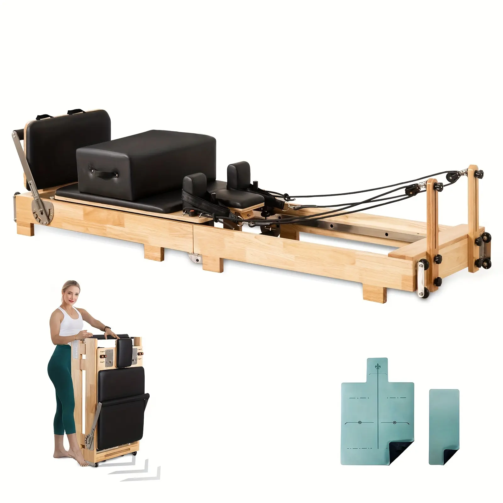 Pilates Reformer Machine, Wood Foldable Pilates Machine Bed Yoga Exercise Strength Training Foldable Equipment for Home Workout