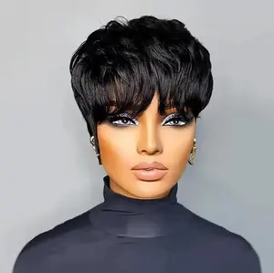 Short Pixie Cut Wigs Short Straight Brazilian Human Hair Wigs With Bangs Ready To Go Natural Black Burgundy Color Full Machine Made Wig dealsforyourdays