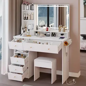Vanity Desk with Cushioned Stool Dressing Table with 2 AC+2 USB Power Station, Hair Dryer Stand, Extra Large Touch Control LED Mirror, 3-color Switch, EPA, GCC, UL Certificate, 41" Large Size