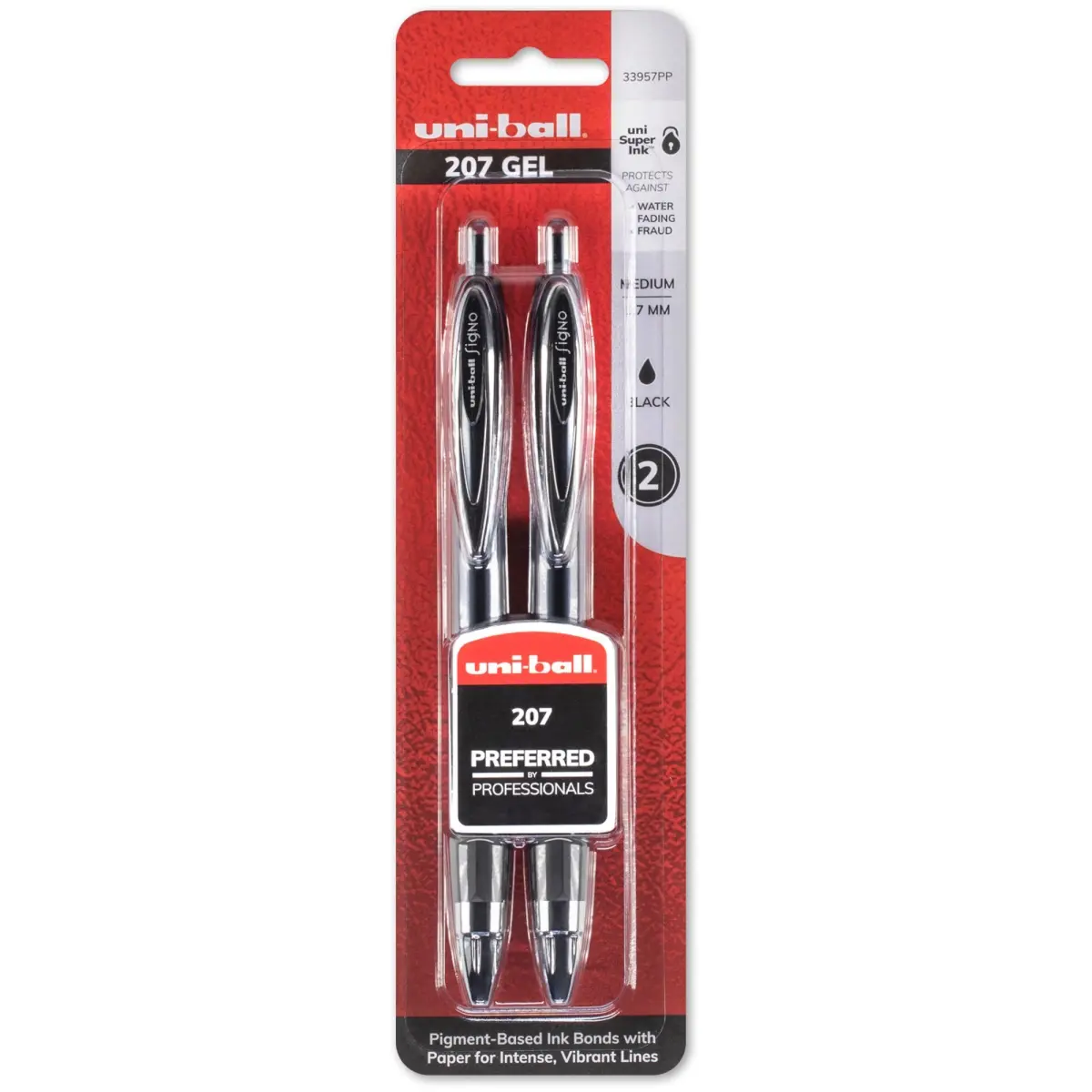 Uni-Ball Signo 207 Retractable Needle Point Gel Pen (UBC33957PP) - 0.7 mm Black, Acid-Free Gel Ink, Clip, Textured Rubber Grip, Water-Fading Protection, Document Fraud Prevention, 2 per Pack Writing Tool, 0.7Mm Pens