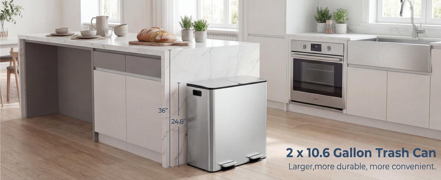 Arlopu 2 x 10.6 Gallon Dual Trash Can with Odor-Control Box, Large Stainless Steel Compartment Garbage can, Step-on Recycle Bin, Soft-Close Lid & Removable Inner Buckets, for Kitchen, Office