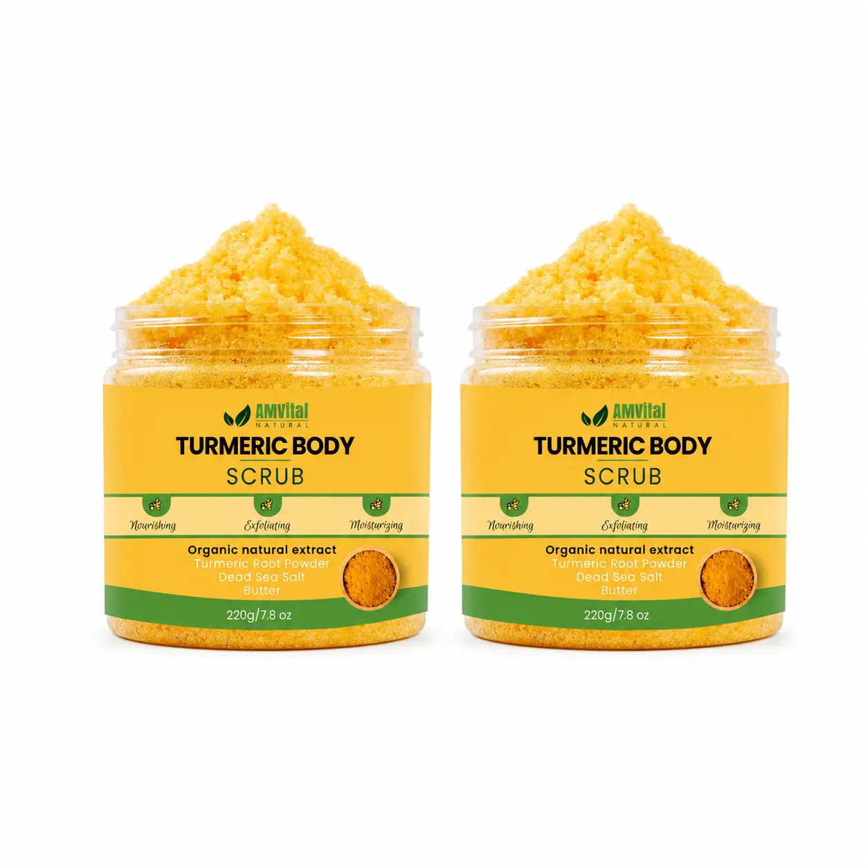AMVital Vegan Turmeric Sugar Body Scrub - 2-Pack (2 Jars) for Exfoliating, Smoothing Skin, Bath & Body Care